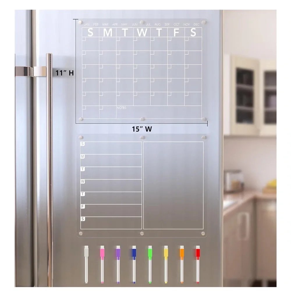 Acrylic Magnetic Dry Erase Monthly & Weekly Calendar for Fridge w/ 8 markers